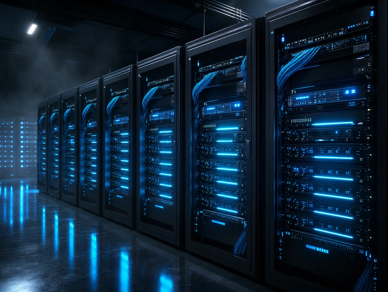 Illuminated high-performance server rack in an AWS financial data center providing low latency hosting