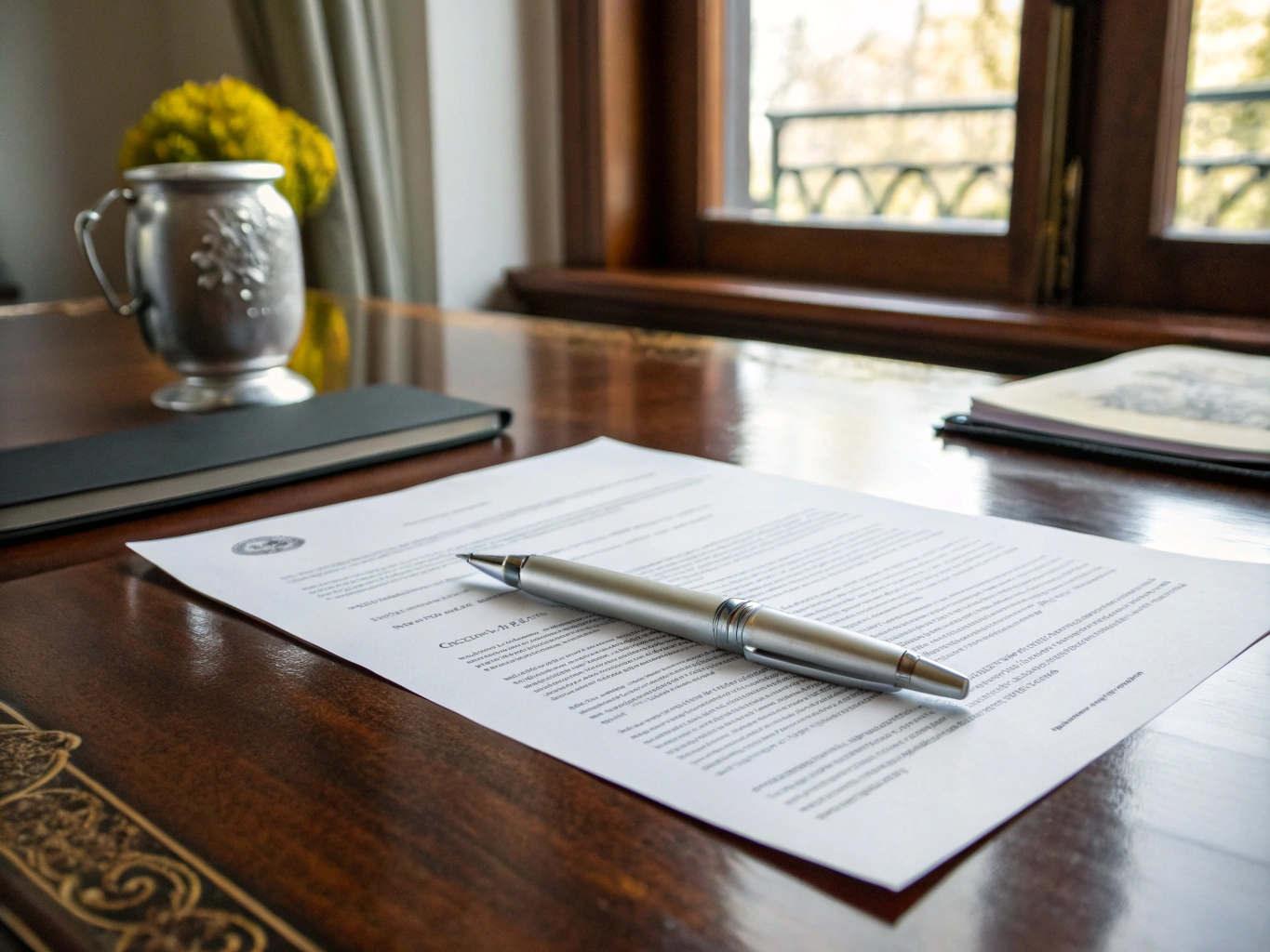 Formally signed bilateral non-disclosure agreement paper document beside a secure workstation